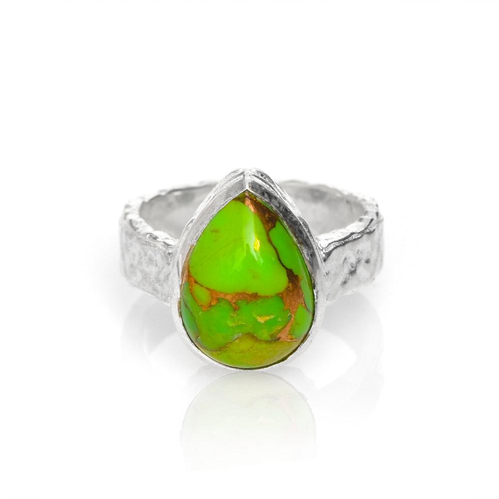 Green Copper Turquoise Solid 925 Sterling Silver Hammered Finish Ring Jewelry - YoTreasure