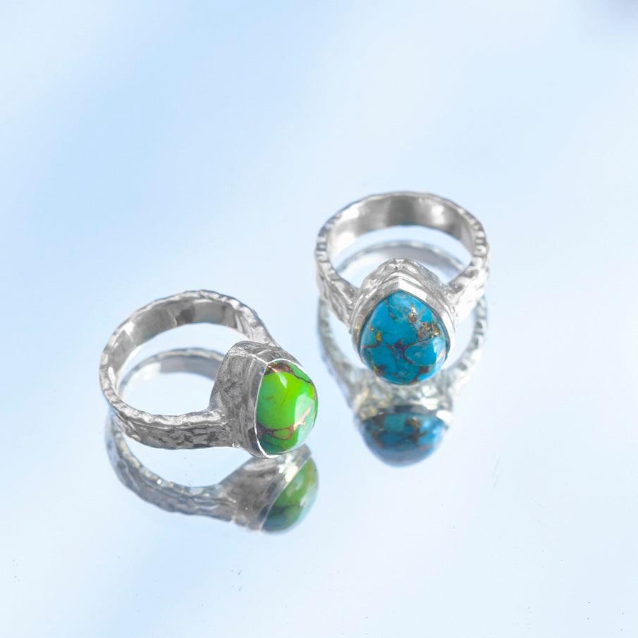 Pear Blue Copper Turquoise Solid 925 Sterling Silver Hammered Finish Ring Jewelry - YoTreasure