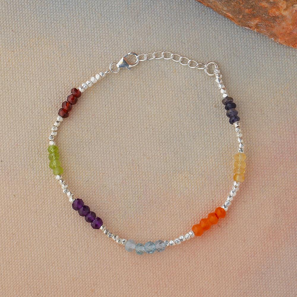 Chakra Stone Solid 925 Sterling Silver Beaded Link Chain Bracelet 8" - YoTreasure