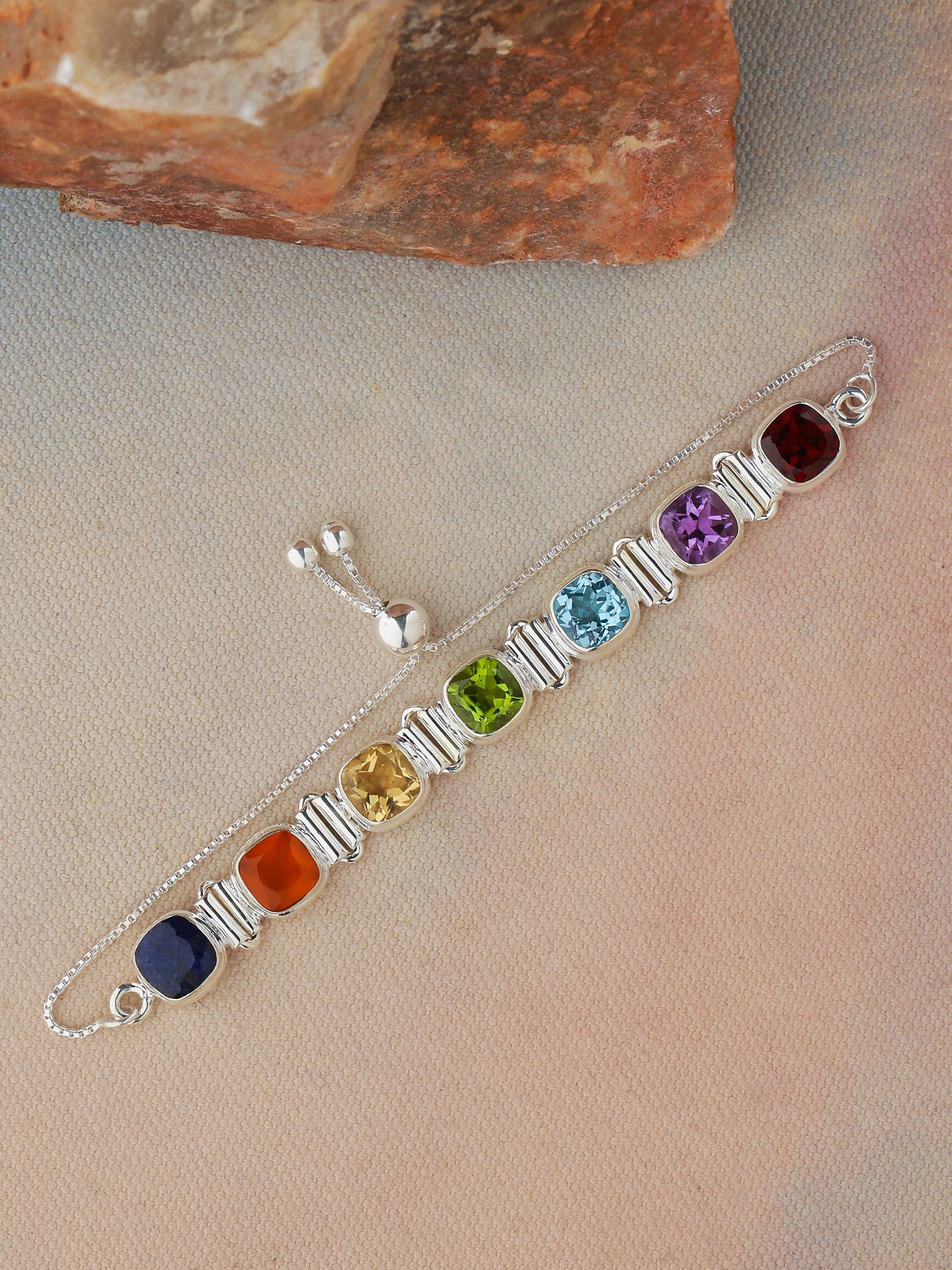 Chakra Stone Solid 925 Sterling Silver Link Chain Bracelet 8" - YoTreasure