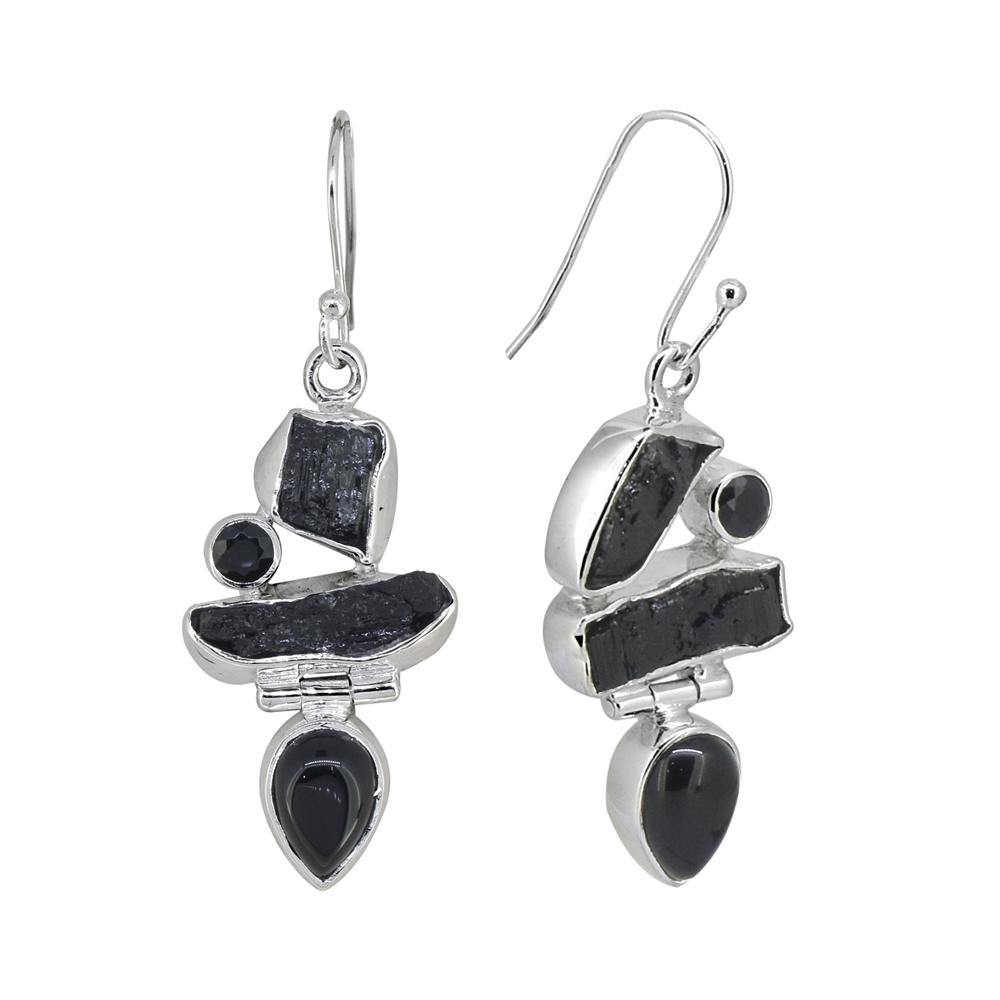 Rough Tourmaline Black Onyx Solid 925 Sterling Silver Dangle Earrings - YoTreasure