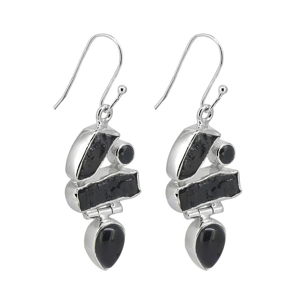 Rough Tourmaline Black Onyx Solid 925 Sterling Silver Dangle Earrings - YoTreasure