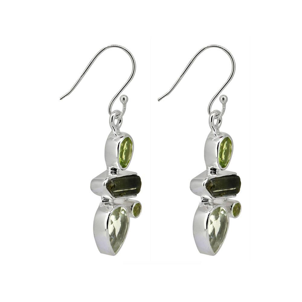 Green Amethyst Peridot Rough Tourmaline Solid 925 Sterling Silver Dangle Earrings - YoTreasure