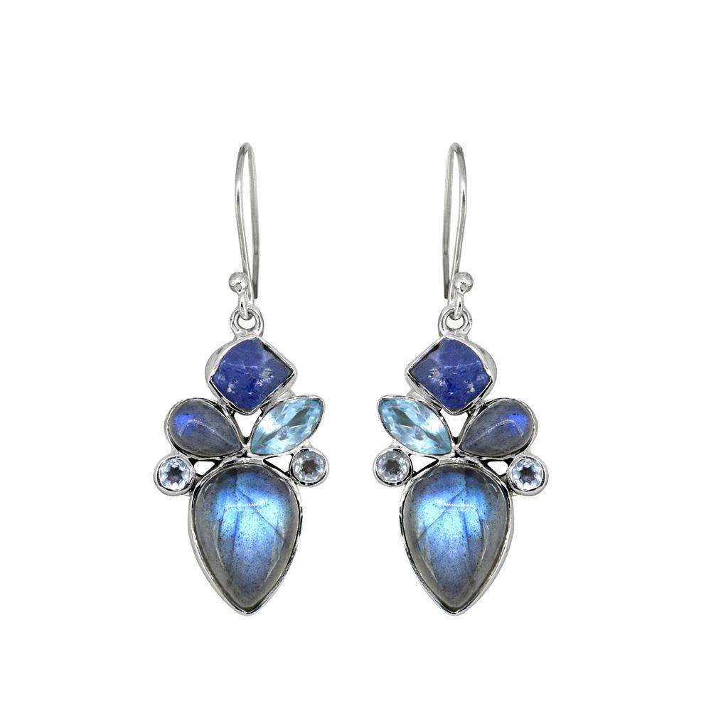 Rough Tanzanite Labradorite Blue topaz Labradorite Solid 925 Sterling Silver Dangle Earrings Jewelry - YoTreasure