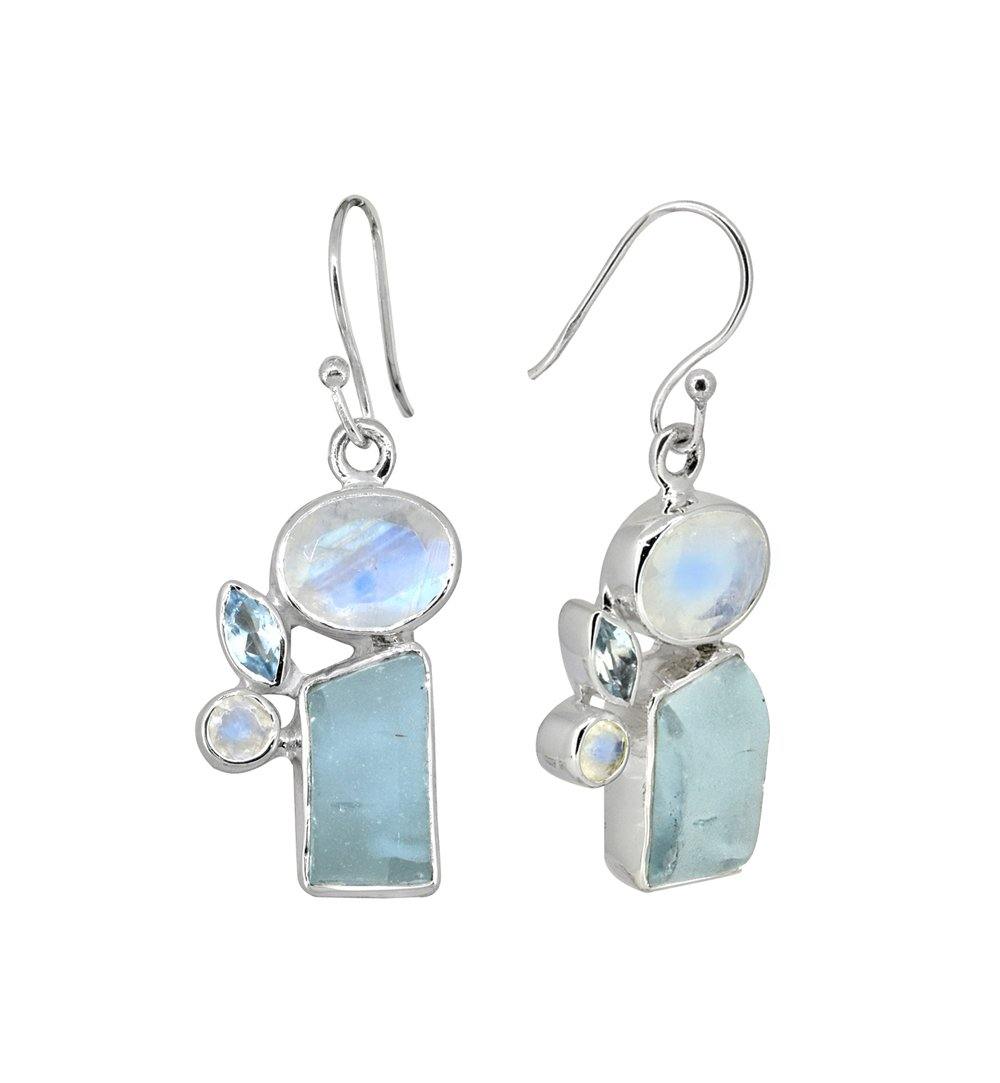 Moonstone Blue Topaz Solid 925 Sterling Silver Dangle Earrings - YoTreasure