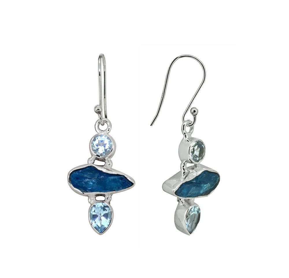 1.61" Blue Topaz Raw Apatite Solid 925 Sterling Silver Earrings - YoTreasure