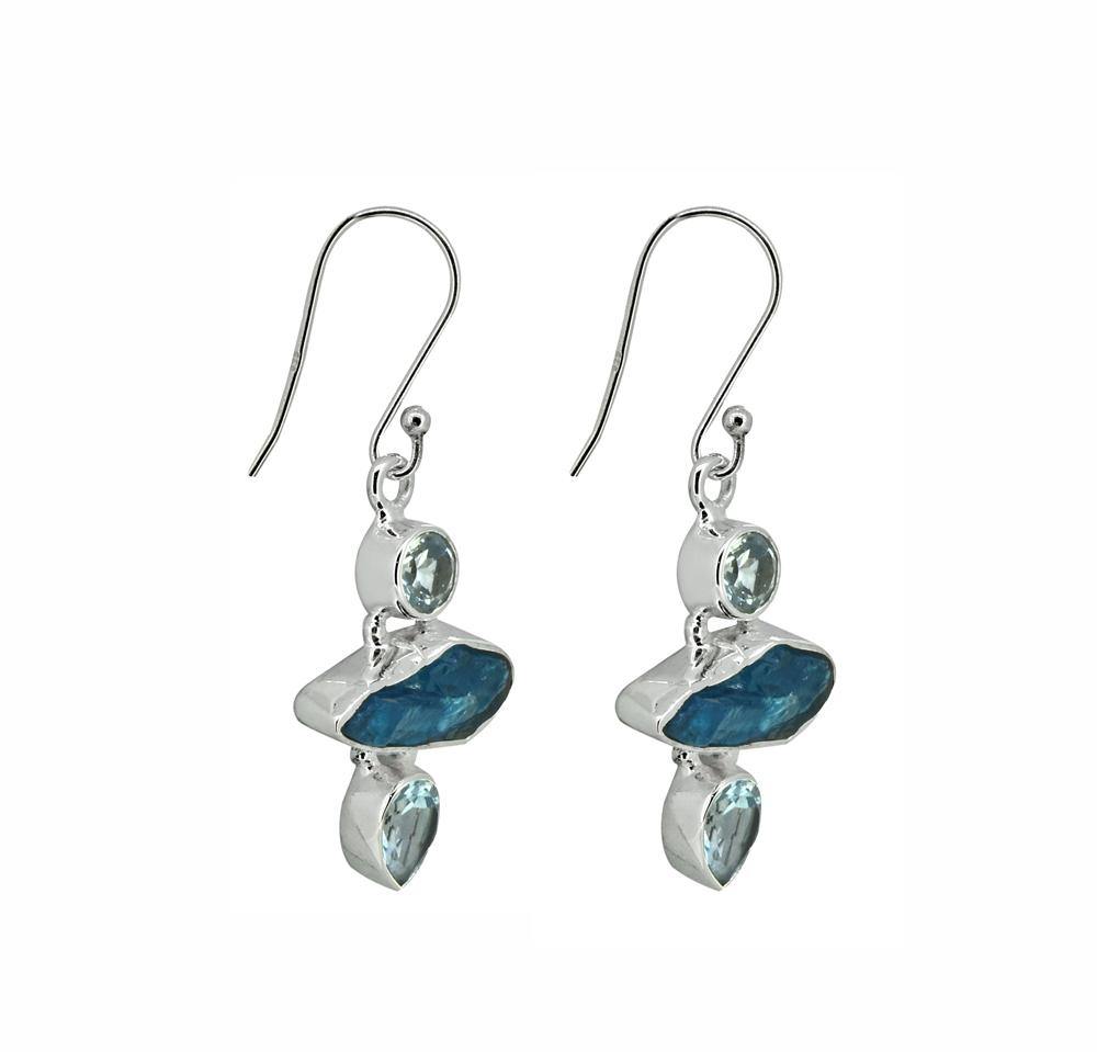 1.61" Blue Topaz Raw Apatite Solid 925 Sterling Silver Earrings - YoTreasure