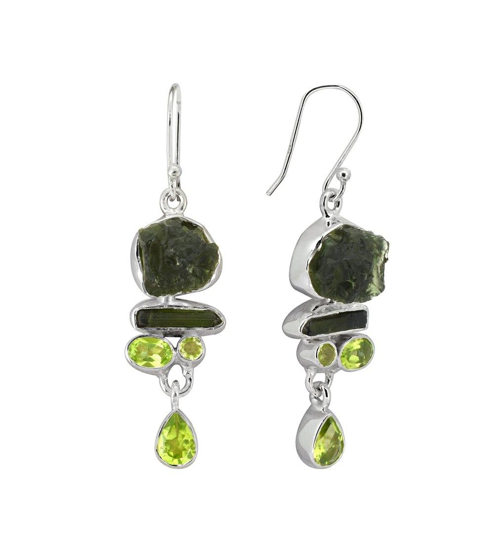 2" Moldavite Raw Tourmaline Solid 925 Sterling Silver Dangle Earrings Jewelry - YoTreasure