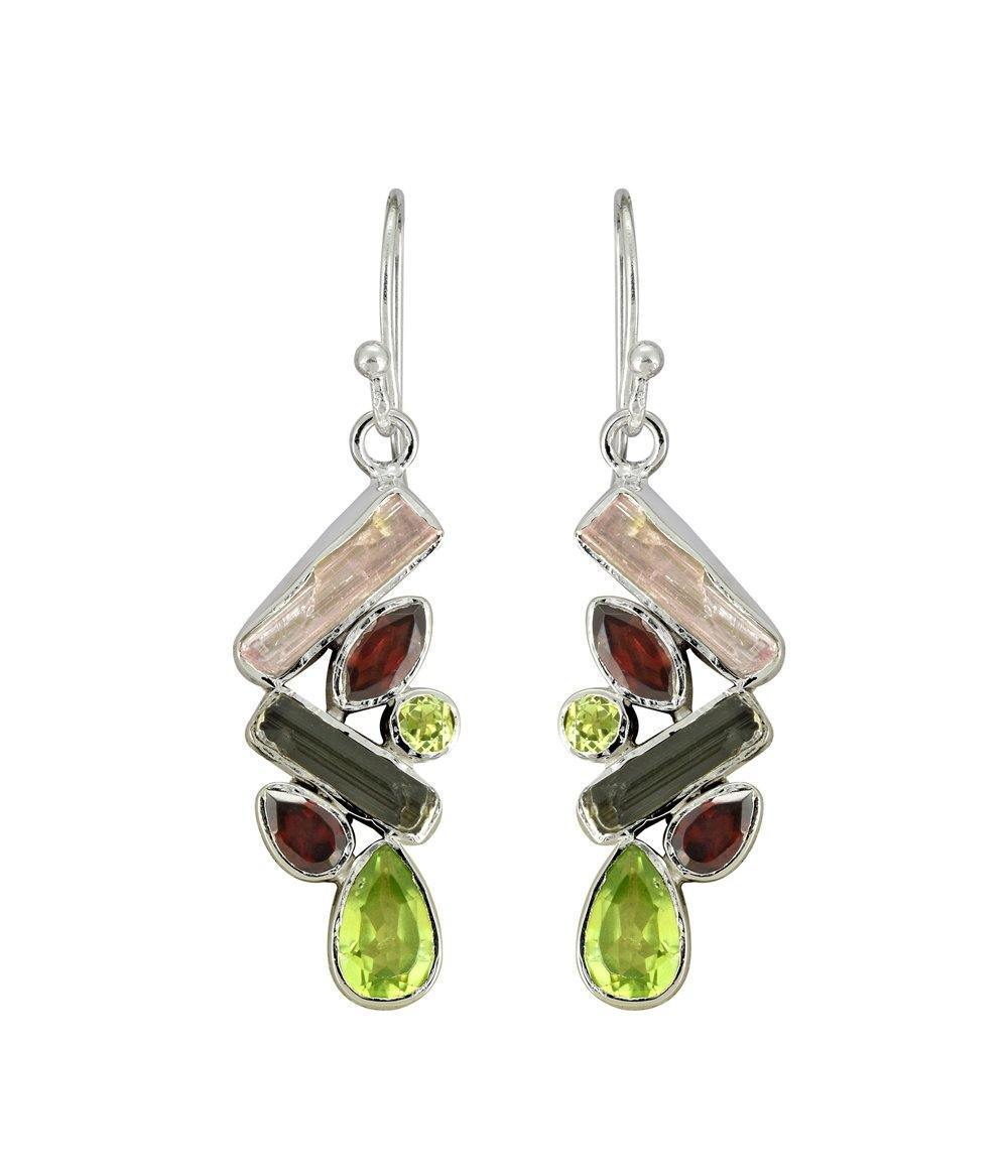 1.57" Rough Tourmaline Garnet Peridot Solid 925 Sterling Silver Dangle Earrings Jewelry - YoTreasure