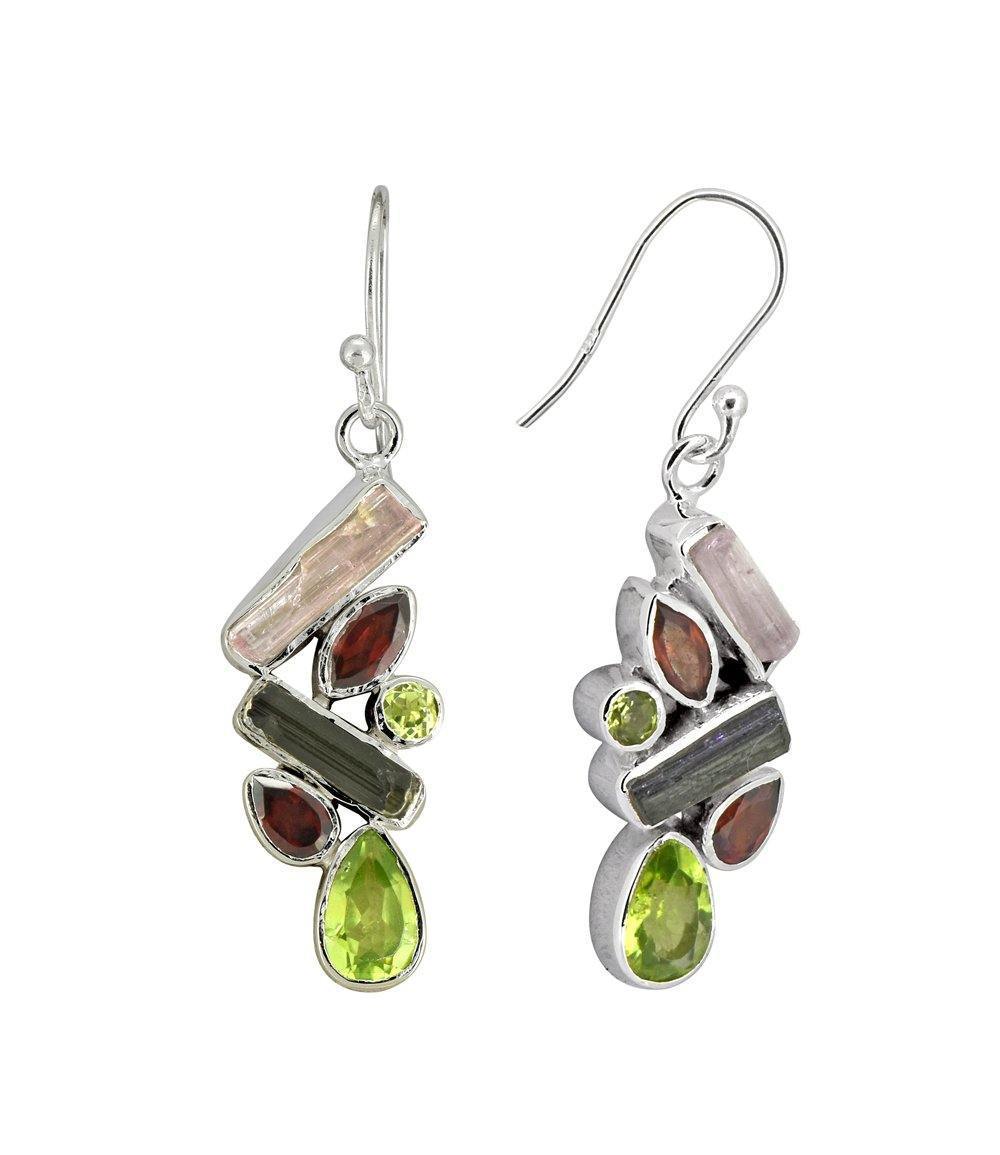 1.57" Rough Tourmaline Garnet Peridot Solid 925 Sterling Silver Dangle Earrings Jewelry - YoTreasure