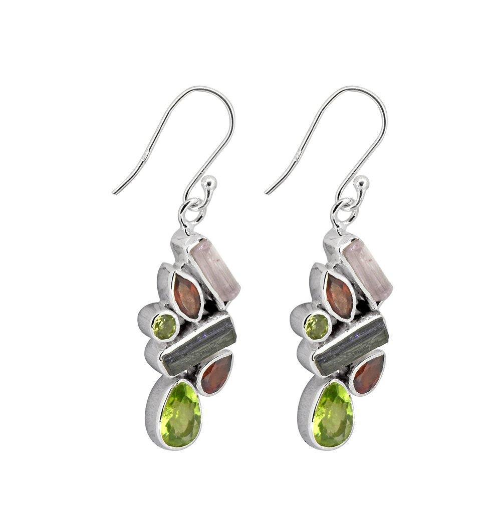 1.57" Rough Tourmaline Garnet Peridot Solid 925 Sterling Silver Dangle Earrings Jewelry - YoTreasure