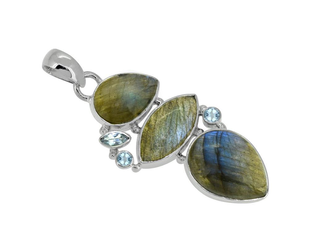 2.09" Labradorite Blue Topaz Long Chain Gemstone Pendant - YoTreasure
