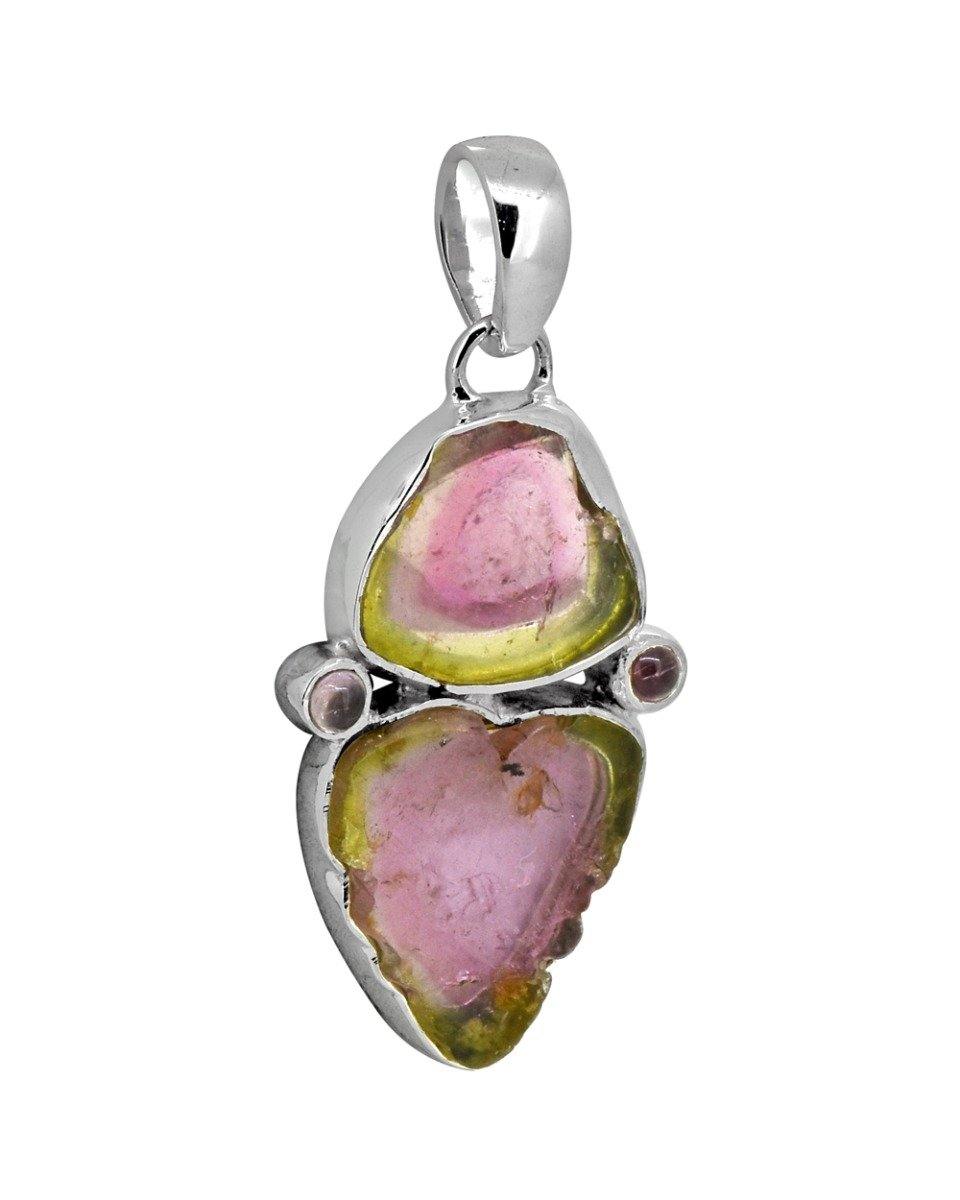 Watermelon Tourmaline Solid 925 Sterling Silver Long Chain Pendant - YoTreasure
