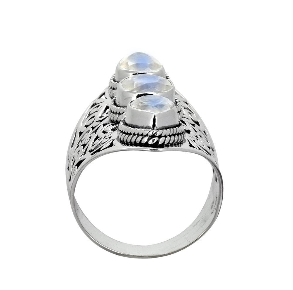 Moonstone Solid 925 Sterling Silver Filigree 3 Stone Ring Jewelry - YoTreasure