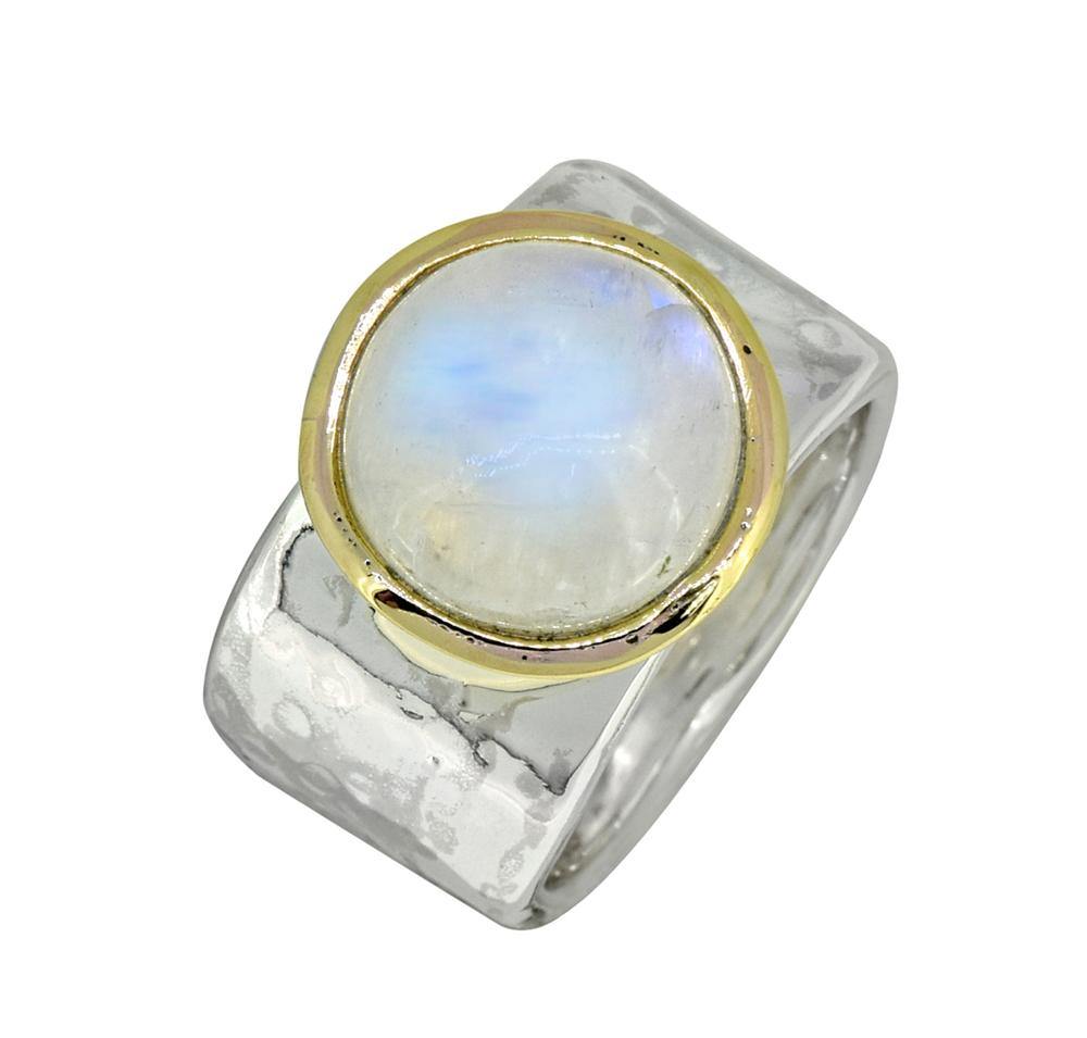 Moonstone Solid 925 Sterling Silver Brass Hammered Ring Jewelry - YoTreasure