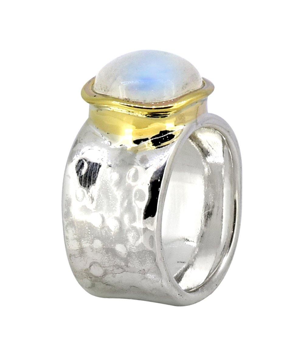 Moonstone Solid 925 Sterling Silver Brass Hammered Ring Jewelry - YoTreasure