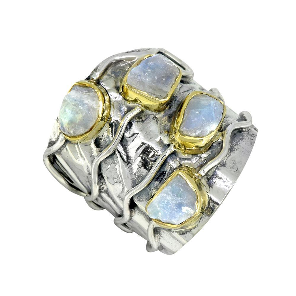 Rough Rainbow Moonstone Ring Solid 925 Sterling Silver Brass Gemstone Jewelry - YoTreasure