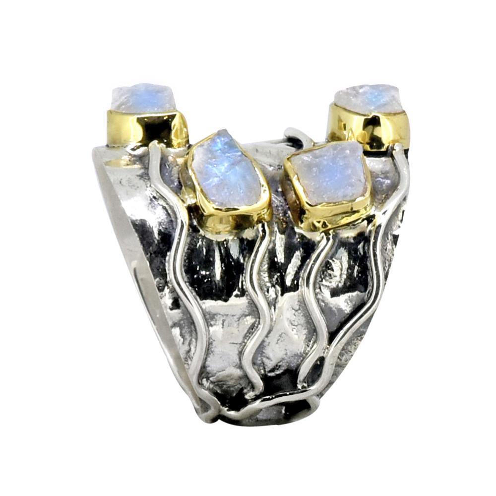 Rough Rainbow Moonstone Ring Solid 925 Sterling Silver Brass Gemstone Jewelry - YoTreasure