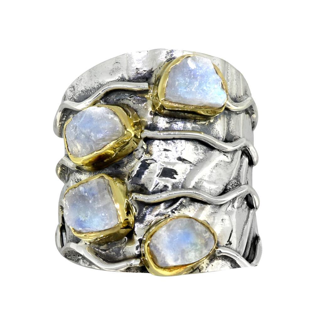 Rough Rainbow Moonstone Ring Solid 925 Sterling Silver Brass Gemstone Jewelry - YoTreasure