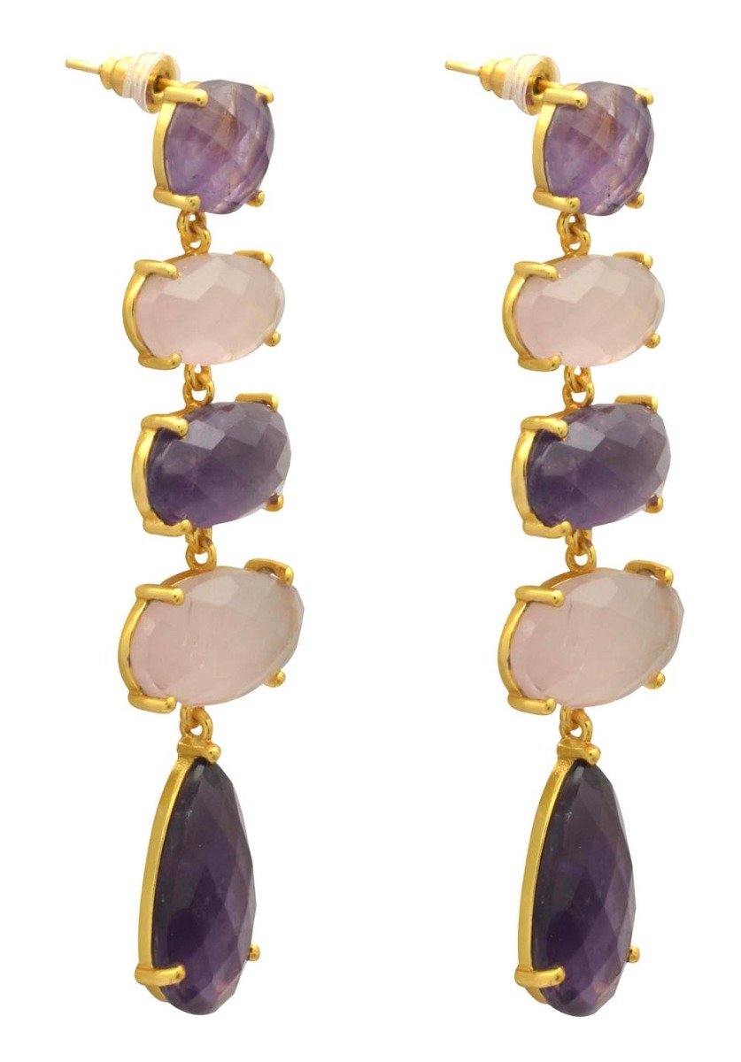 Amethyst , Rose Quartz Gold Plated Over Brass Drop Earrings Jewelry - YoTreasure