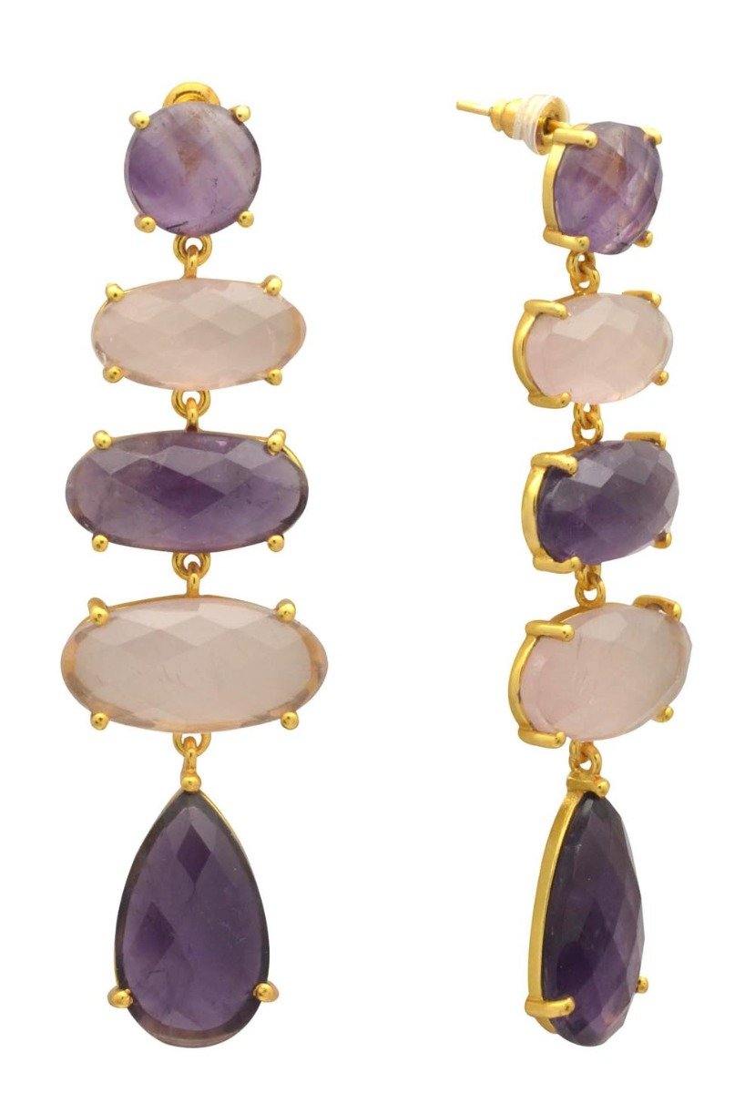 Amethyst , Rose Quartz Gold Plated Over Brass Drop Earrings Jewelry - YoTreasure