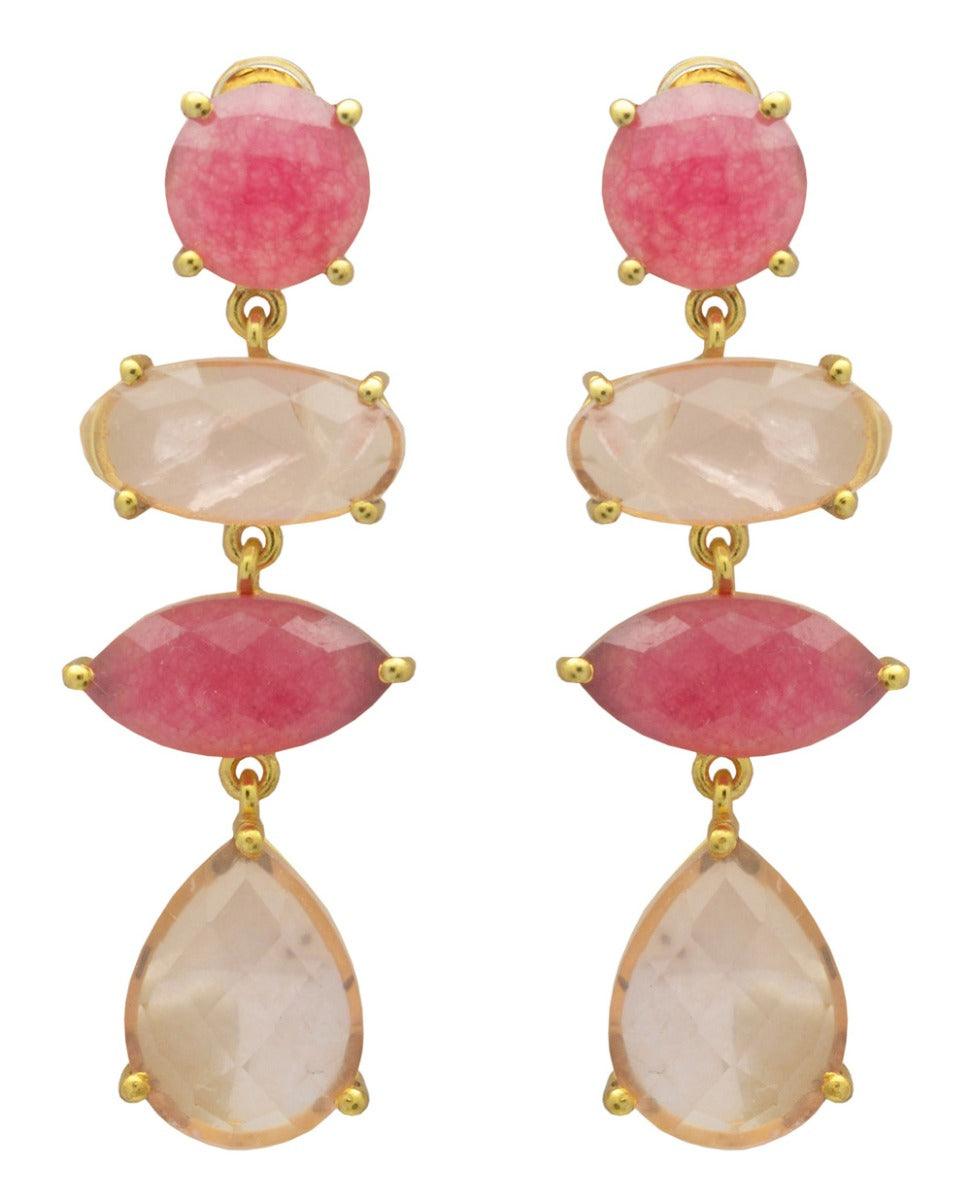 Pink Aventurine , Rose Quartz Gold Plated Over Brass Drop Earrings Jewelry - YoTreasure