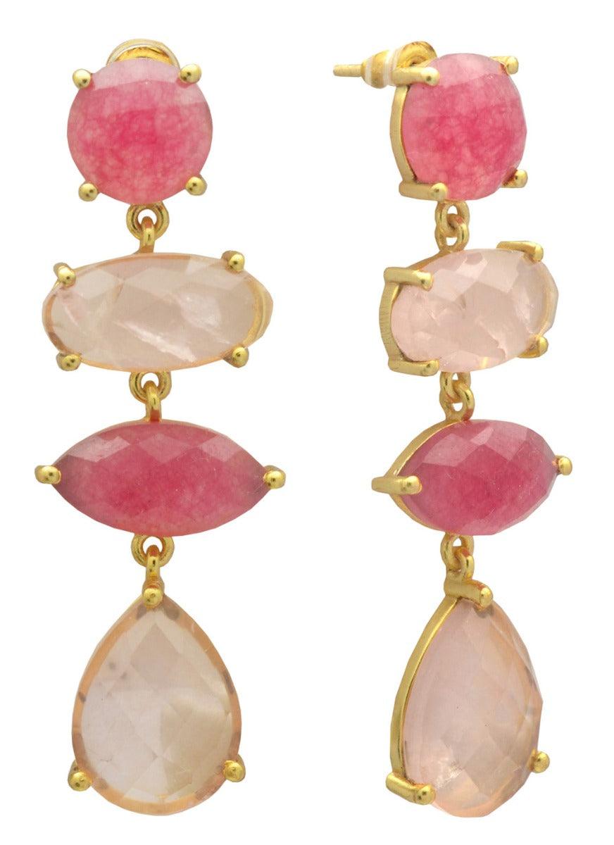 Pink Aventurine , Rose Quartz Gold Plated Over Brass Drop Earrings Jewelry - YoTreasure