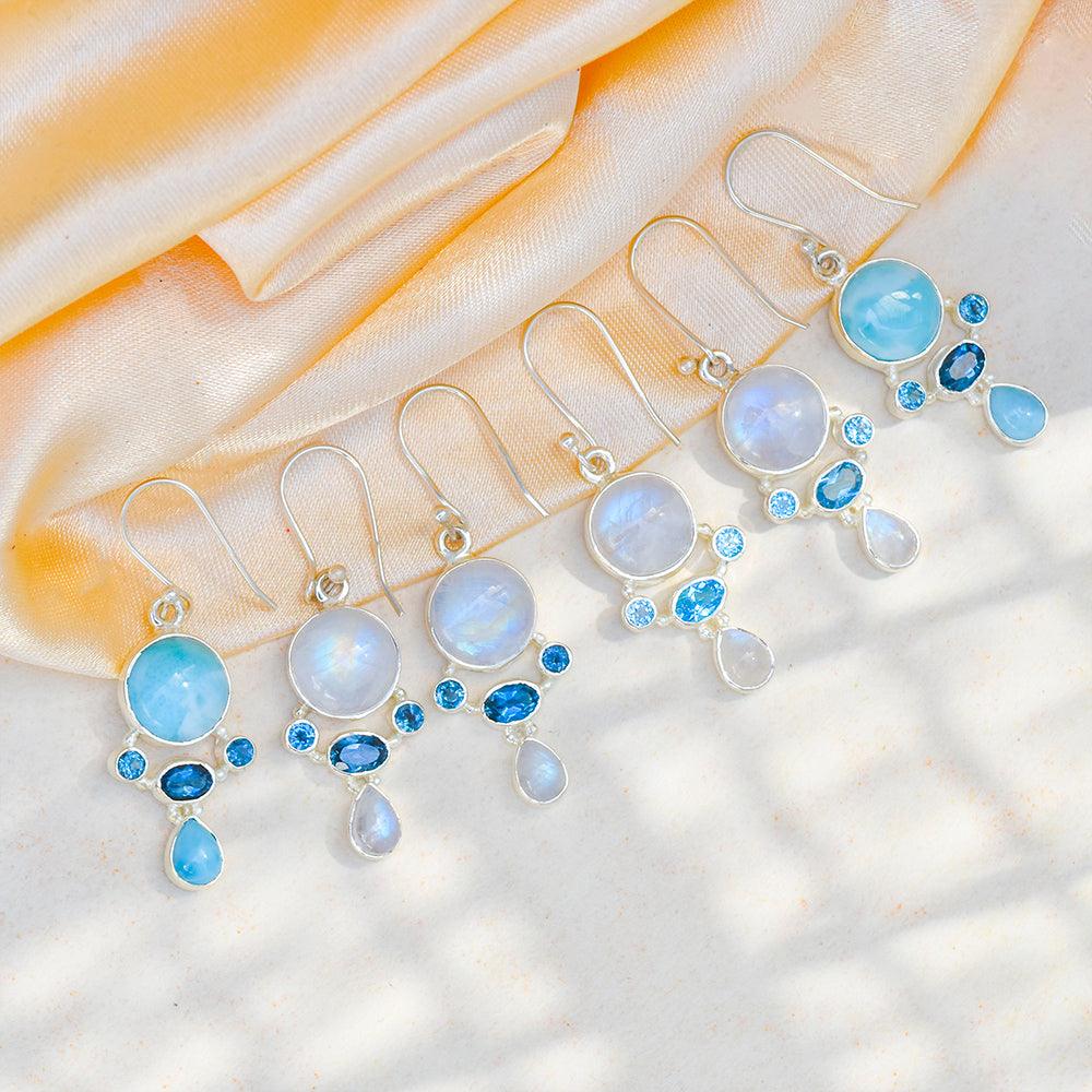 Moonstone Swiss Blue Topaz Solid 925 Sterling Silver Dangle Earrings Jewelry - YoTreasure